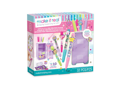 Make It Real Write in Style Pen Creation Station purple locker-shaped storage kit with colorful pens, charms, and cra...