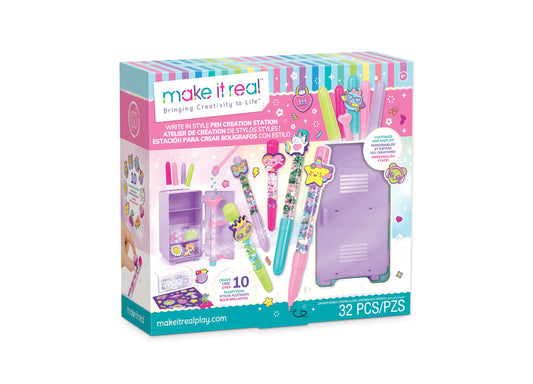 Make It Real Write in Style Pen Creation Station purple locker-shaped storage kit with colorful pens, charms, and cra...