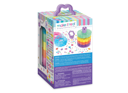 Make It Real Flower Tower Bead Storage with rainbow-colored stacking tiers, purple handle, and colorful beads and charms