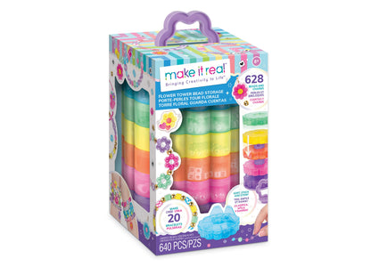 Make It Real Flower Tower Bead Storage with seven colorful stacking tiers in green, yellow, orange, and pink, featuri...