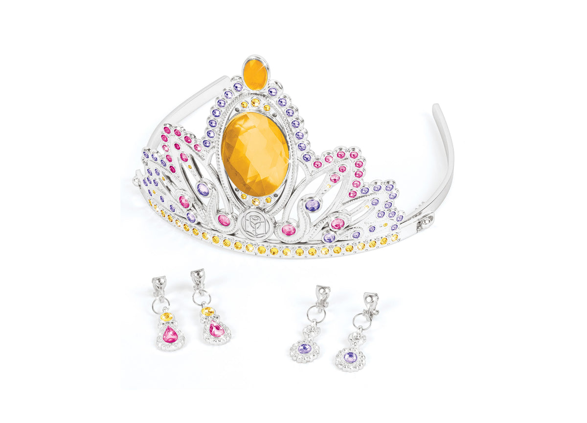 Belle-inspired tiara with yellow gem and colorful clip-on earrings set for custom coloring activity