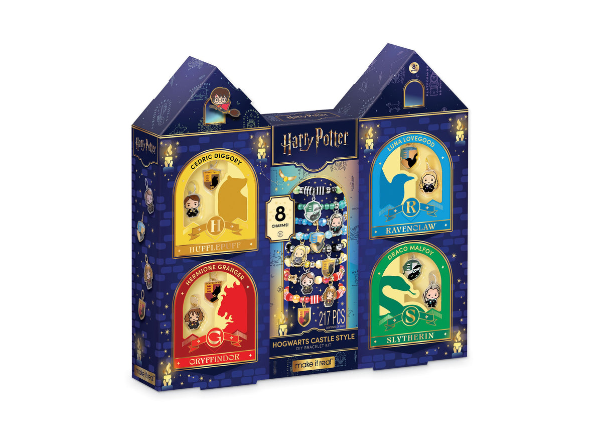Make It Real Harry Potter Hogwarts Castle Style DIY Bracelet Kit featuring four house-themed panels in blue, red, gre...