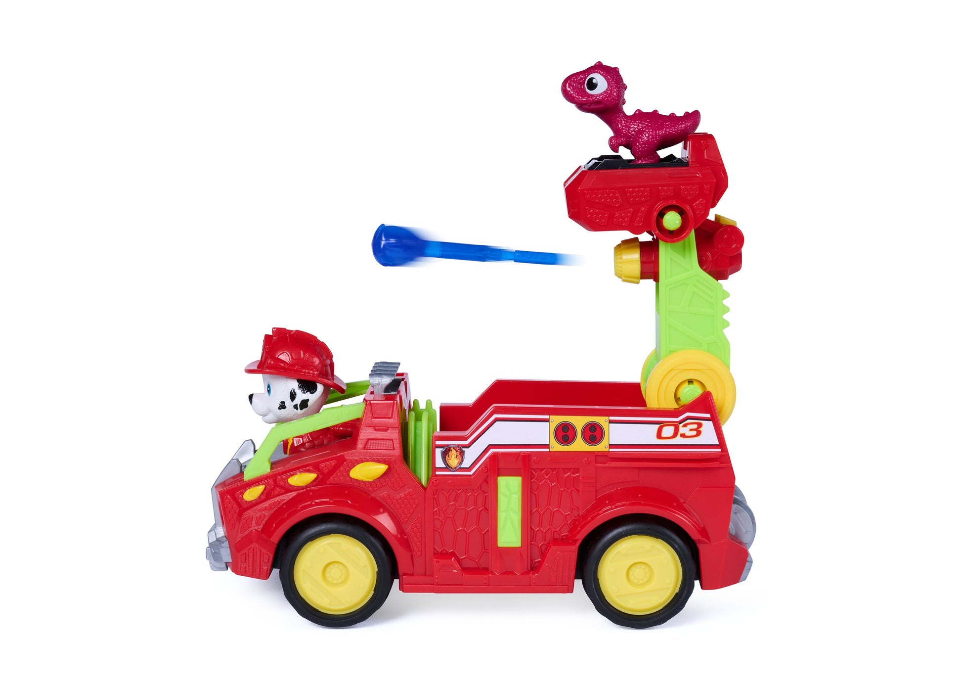 Paw Patrol Dino Theme Rescue Fire Truck with red vehicle, dinosaur figure, and blue launcher