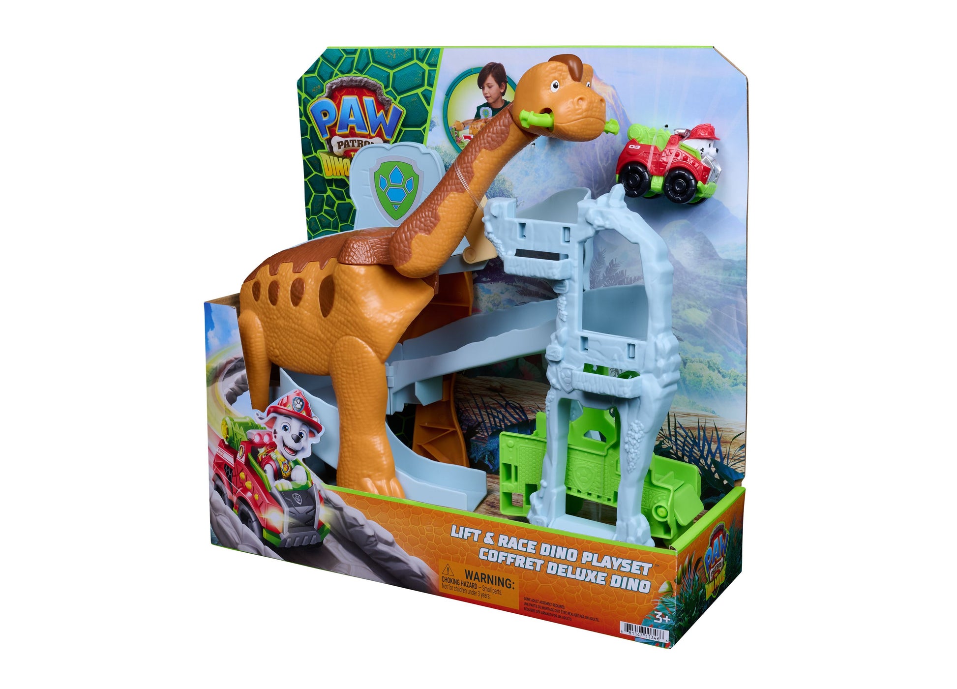 Paw Patrol Dinosaur Lift & Race Playset with brown dino, white tower, and red fire truck vehicle