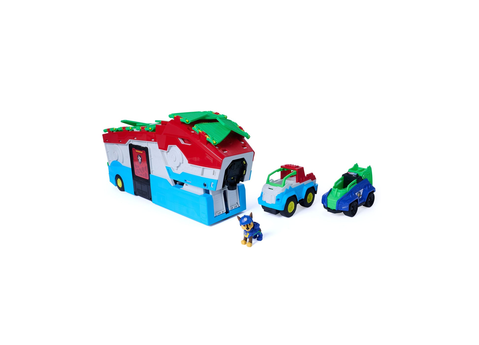 Paw Patrol Chase Dino Movie 2-in-1 Transforming Playset with red, blue, and green vehicles