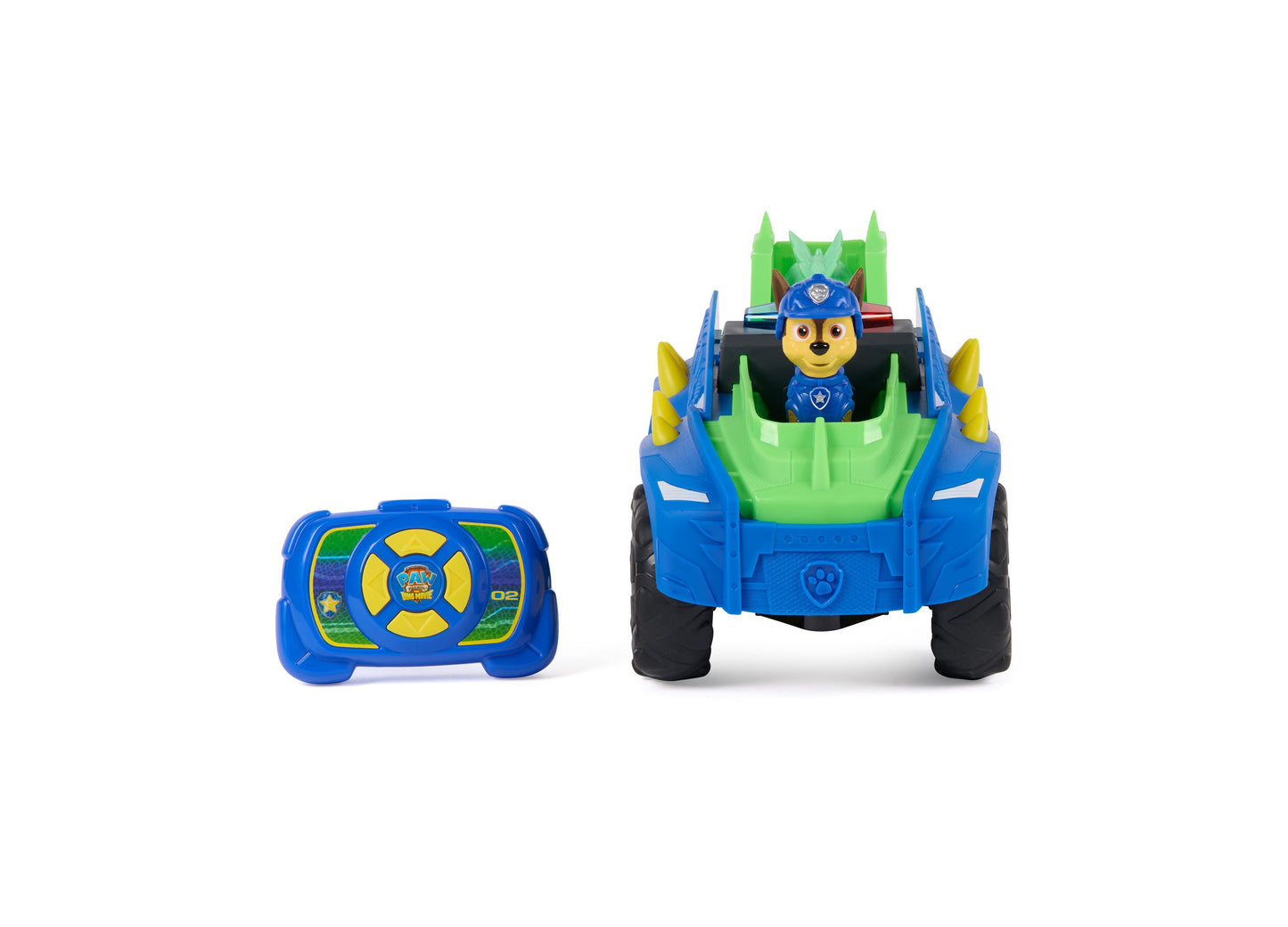 Paw Patrol Dino Tow Dash RC remote control vehicle with blue and green design, includes controller