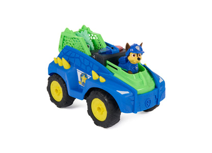 Paw Patrol Dino Tow Dash RC toy vehicle in blue and green with yellow wheels and Chase figure