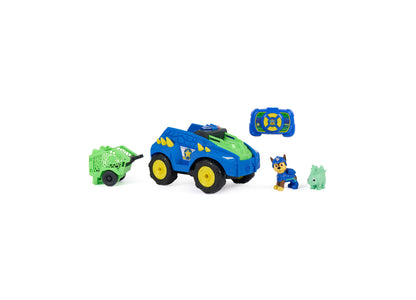 Paw Patrol Dino Tow Dash RC remote control vehicle set with blue and green toy truck, controller, and character figures