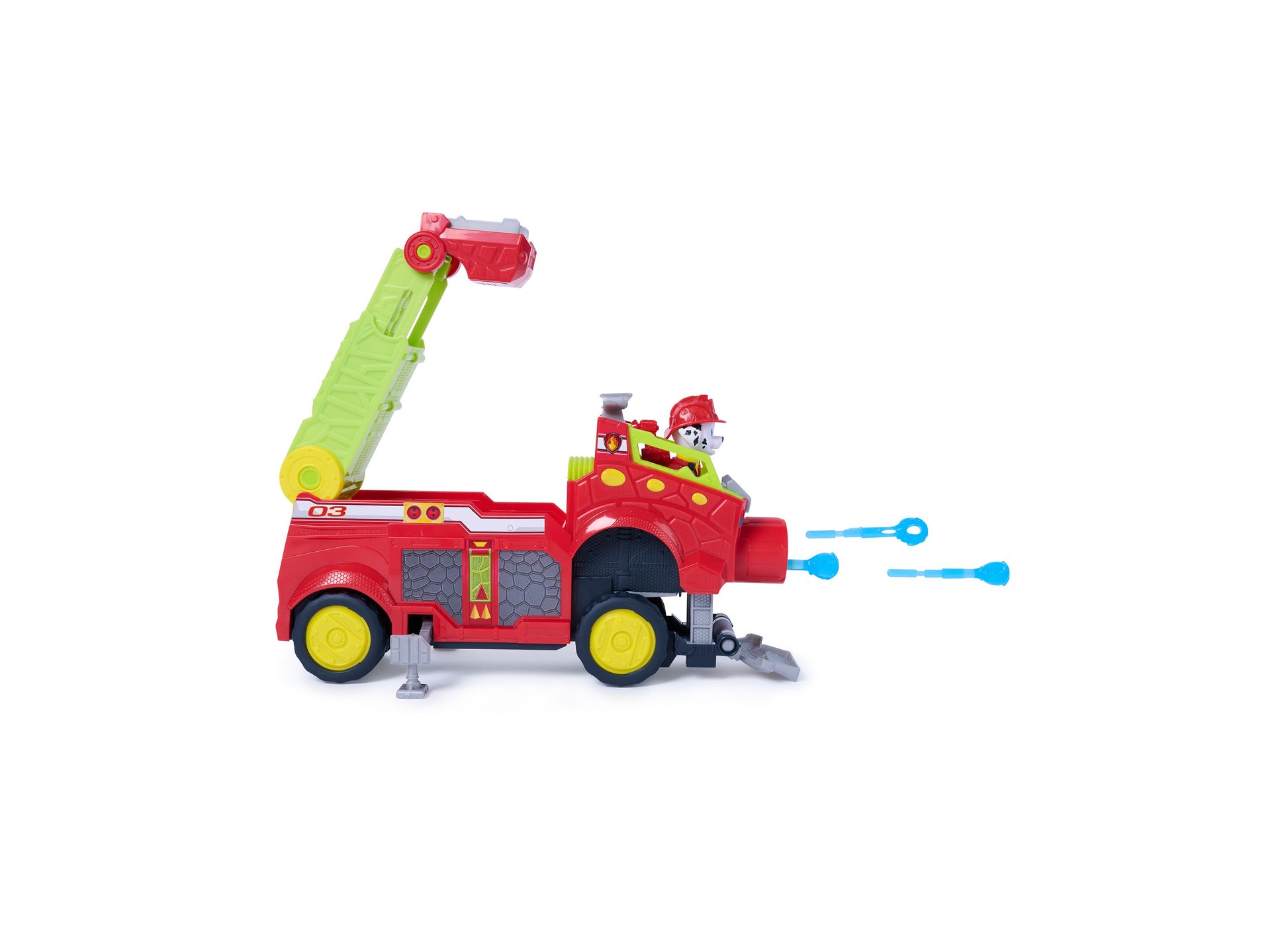 Paw Patrol Rise Roll red fire truck toy with extendable green ladder and water launcher