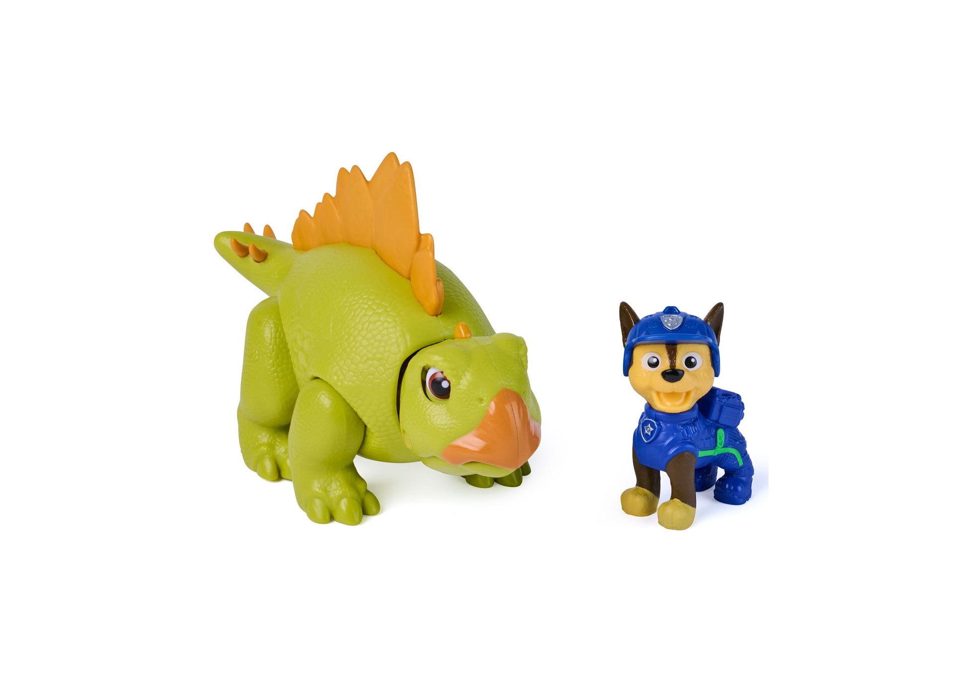 PAW Patrol Roaring Pup Pals Chase 2-Piece Action Figure Set with green dinosaur and blue pup