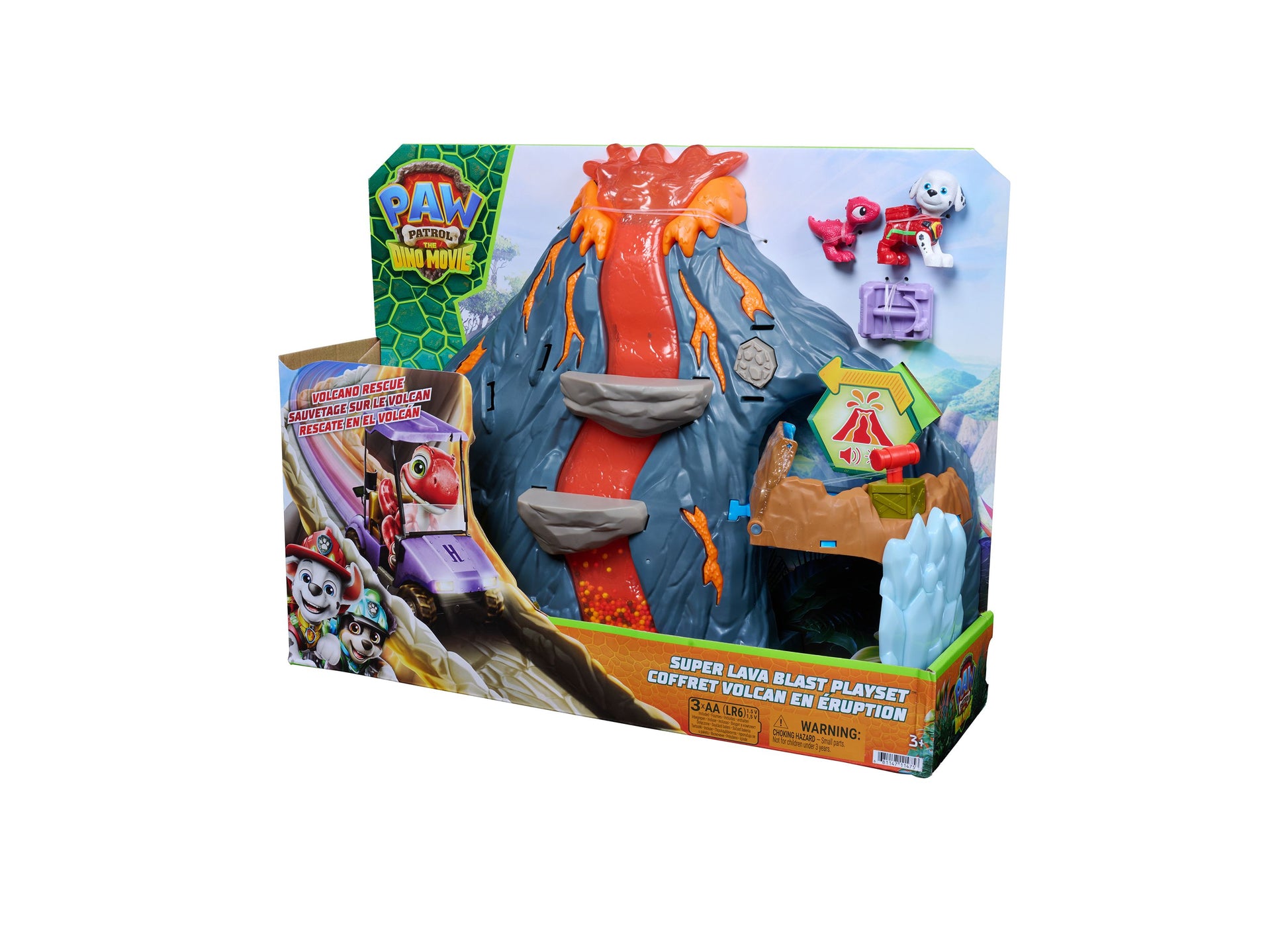 PAW Patrol Dino Movie Super Lava Blast Playset with volcano, figures, and accessories