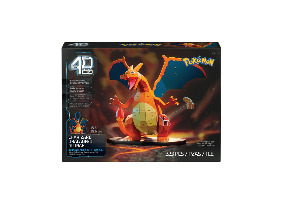 Pokemon 4D Build Charizard 3D puzzle model kit showing orange and blue dragon character on display stand
