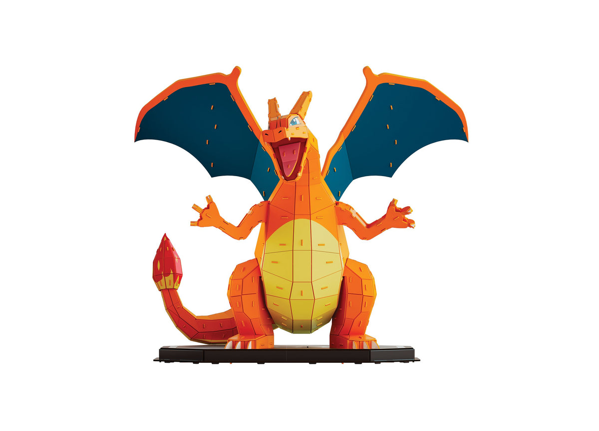 Pokemon 4D Build Charizard 223-Piece 3D Puzzle featuring orange and yellow dragon character with blue wings on displa...