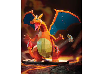 Pokemon 4D Build Charizard 223-Piece 3D Puzzle showing assembled orange and blue dragon character on arena display stand