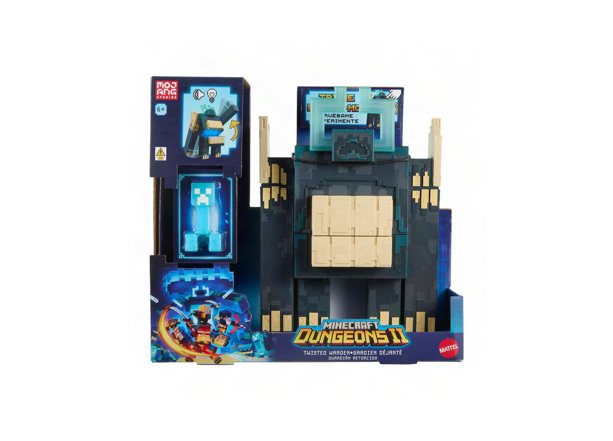 Minecraft Twisted Warden & Soul Corrupted Creeper playset with dark tower structure, cream-colored door panel, and...