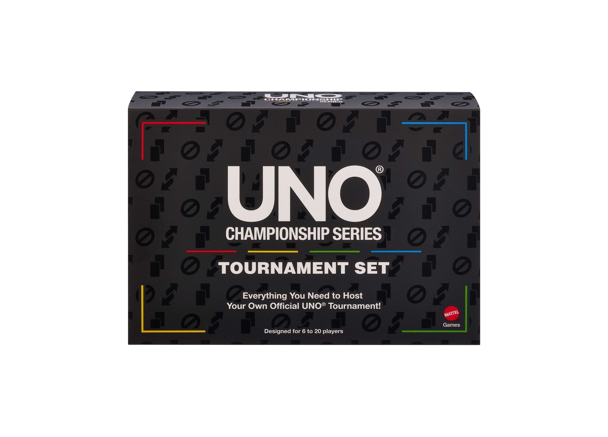 UNO Championship Series Tournament Set black box with colorful corners, card game for 6-20 players