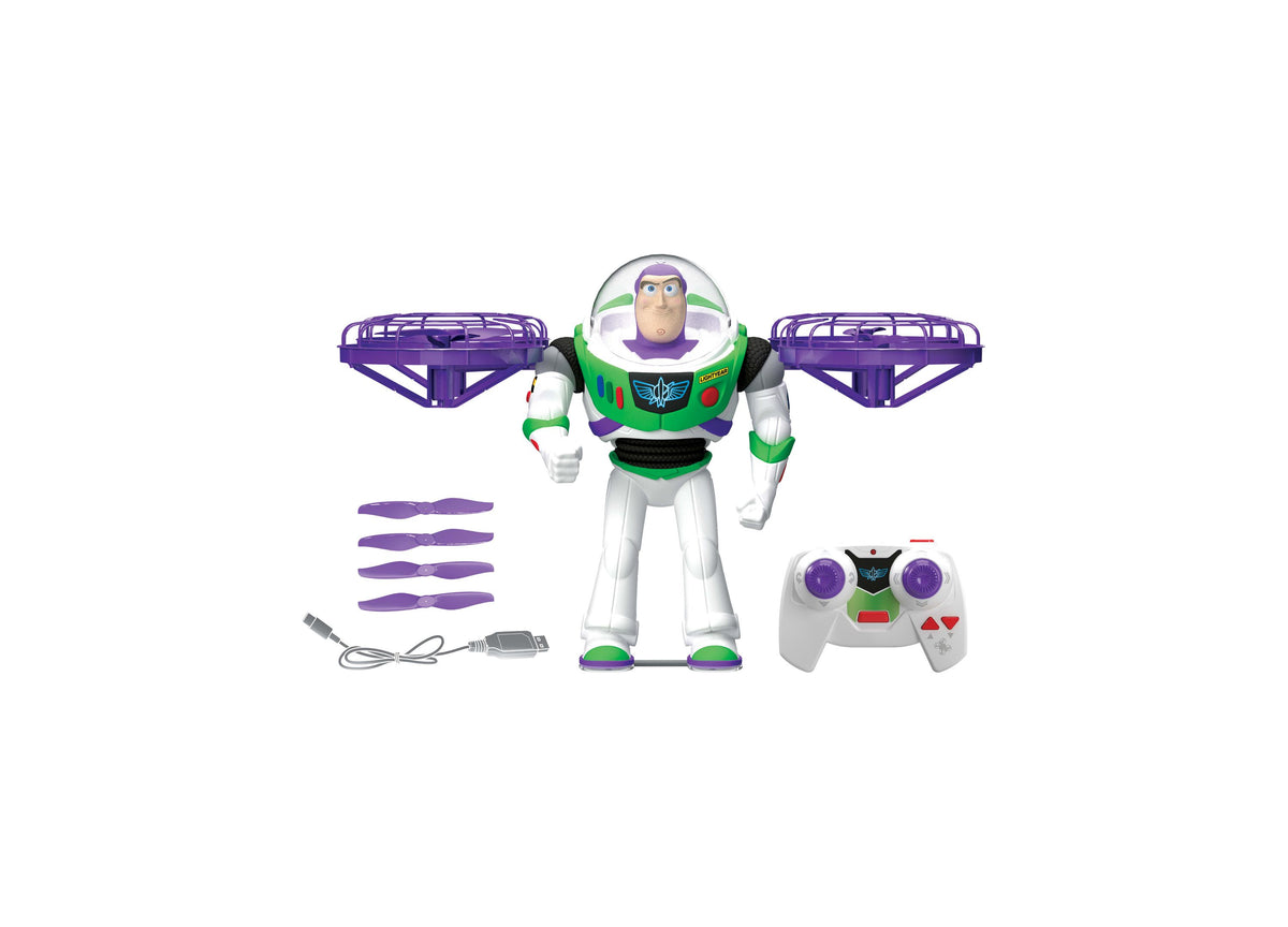 Toy Story Buzz Lightyear RC figure in green, white, and purple with remote control, propellers, and charging cable