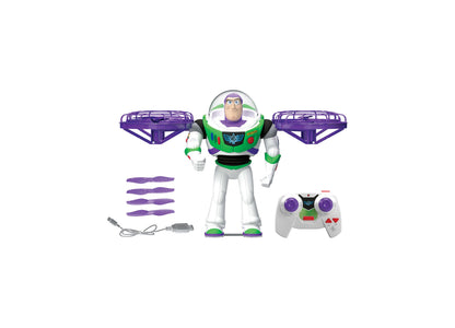 Toy Story Buzz Lightyear RC figure in green, white, and purple with remote control, propellers, and charging cable