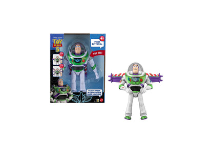 Toy Story Buzz Lightyear Flight Mode action figure with green and purple wings extended, shown in packaging and stand...