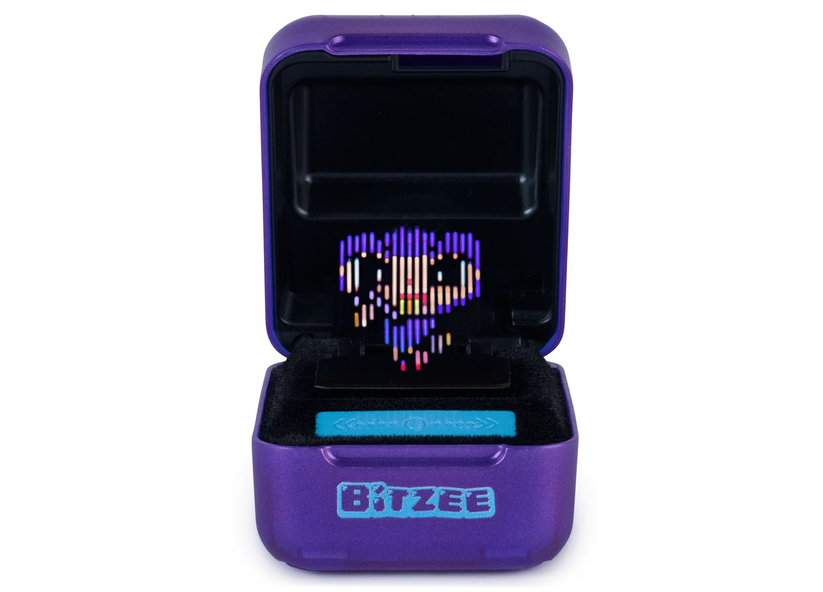 Bitzee KPop Demon Hunters purple holographic digital pet pod with colorful pixelated character display