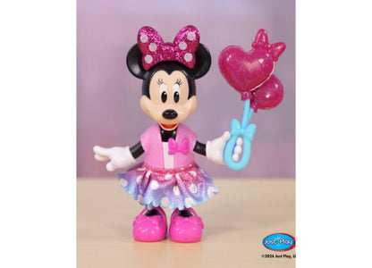Minnie Mouse 6-inch poseable doll wearing pink outfit with glittery bow, holding heart balloon accessory