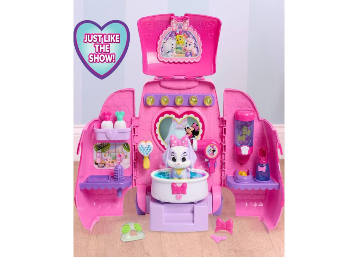 Minnie Mouse Groom & Go Pet Salon playset in bright pink with bathtub, accessories, and Cream Puff figure