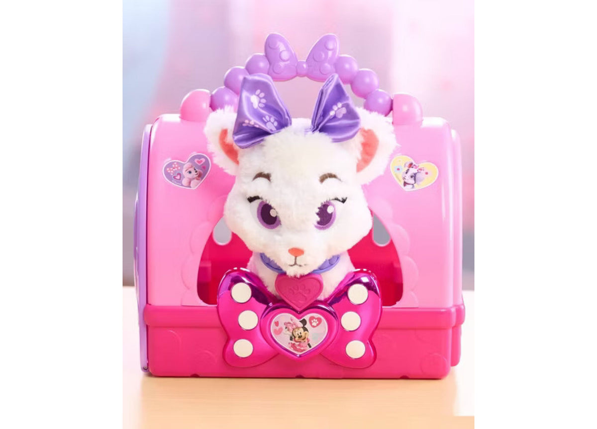 Minnie Mouse Pampered Paws Pet Carrier Playset with pink carrier, white kitten, purple bow, and accessories