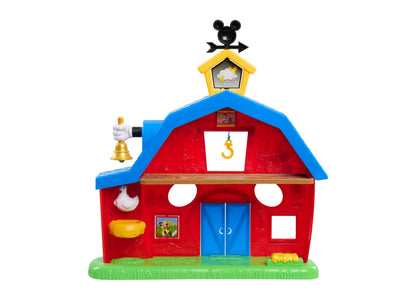 Mickey Mouse Barnyard Fun playset with red barn, blue roof, yellow steeple, and Mickey weathervane on top
