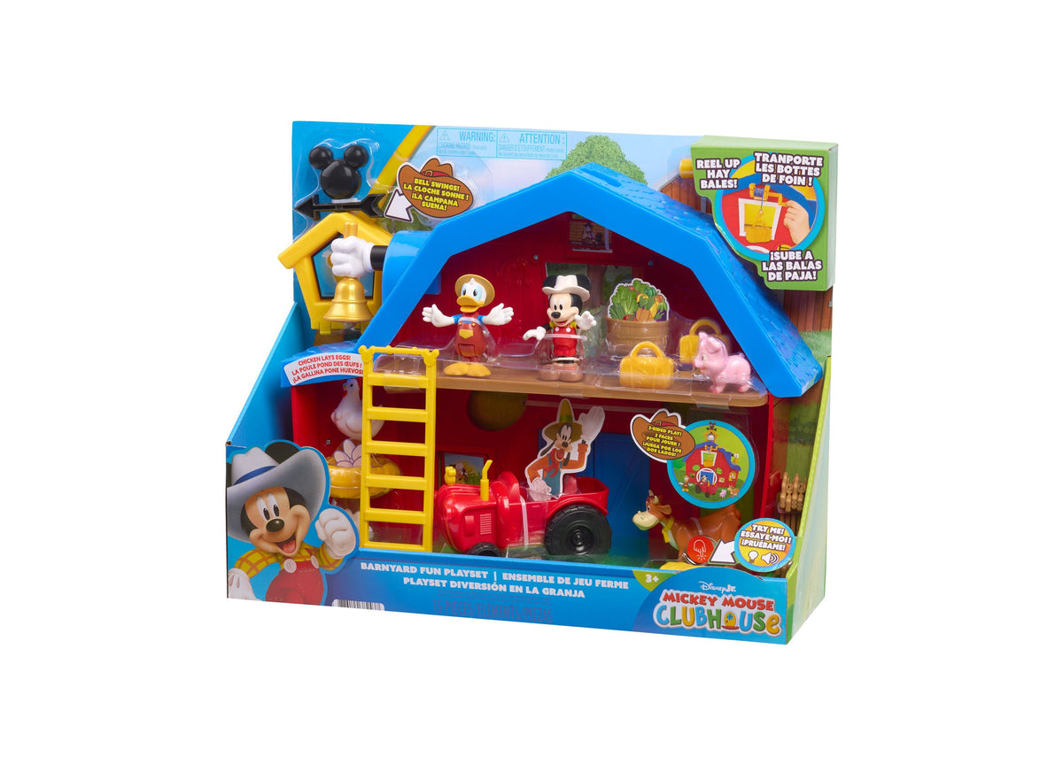 Mickey Mouse Barnyard Fun Playset with blue barn, red tractor, Mickey and Donald Duck figures, and farm accessories