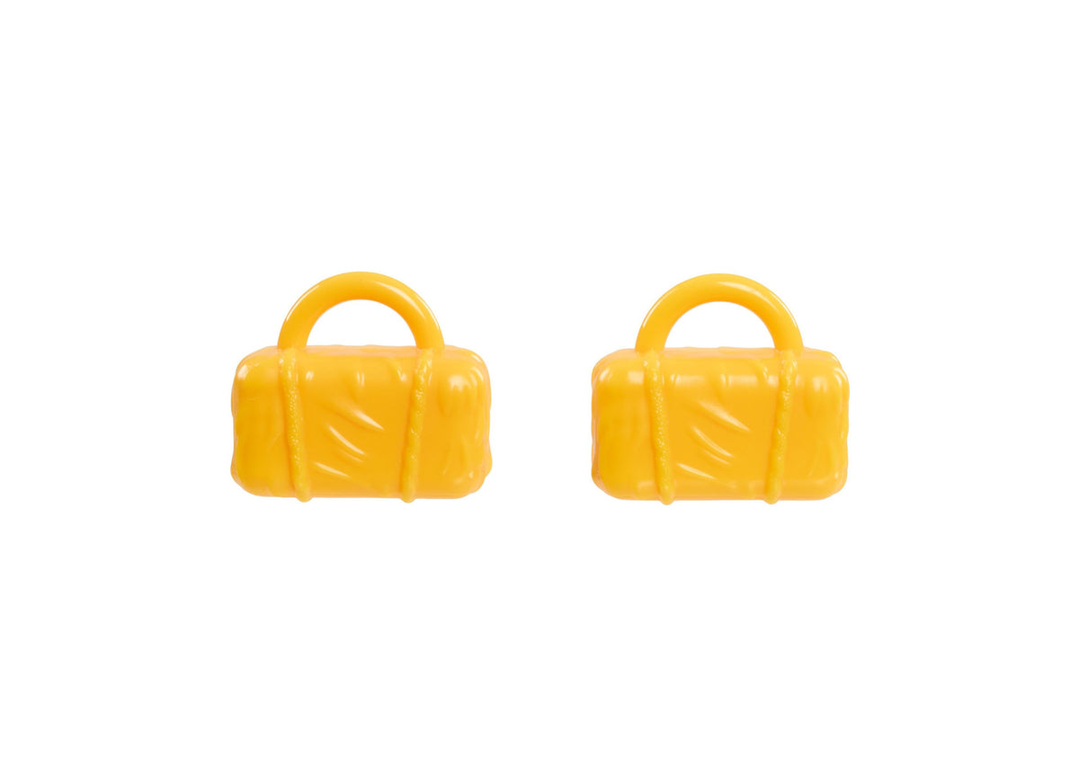Two bright yellow toy handbags with handles displayed side by side against a white background