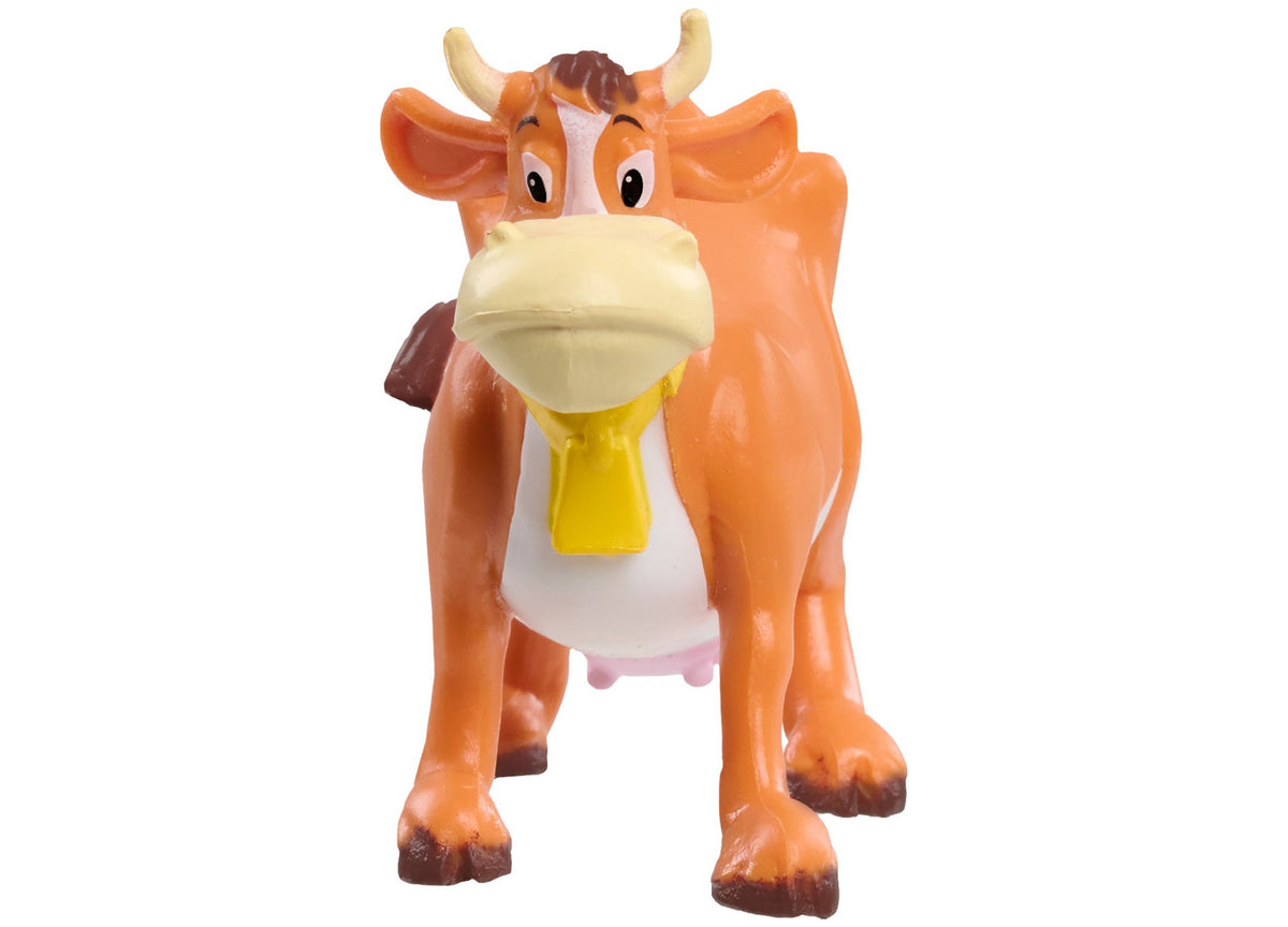Orange and white cow toy with yellow bell and cream-colored horns from Mickey Mouse Barnyard playset
