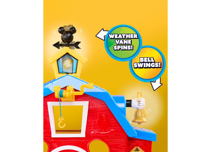 Mickey Mouse Barnyard Fun playset with red barn, blue roof, weather vane, bell, and Mickey character