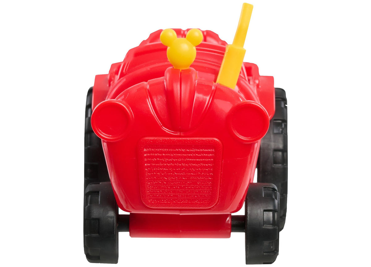 Red Mickey Mouse barnyard playset with yellow Mickey head on top and black wheels, front view