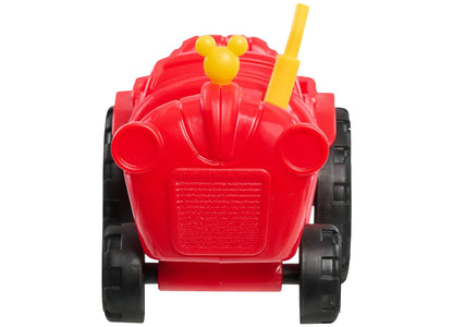 Red Mickey Mouse barnyard playset with yellow Mickey head on top and black wheels, front view