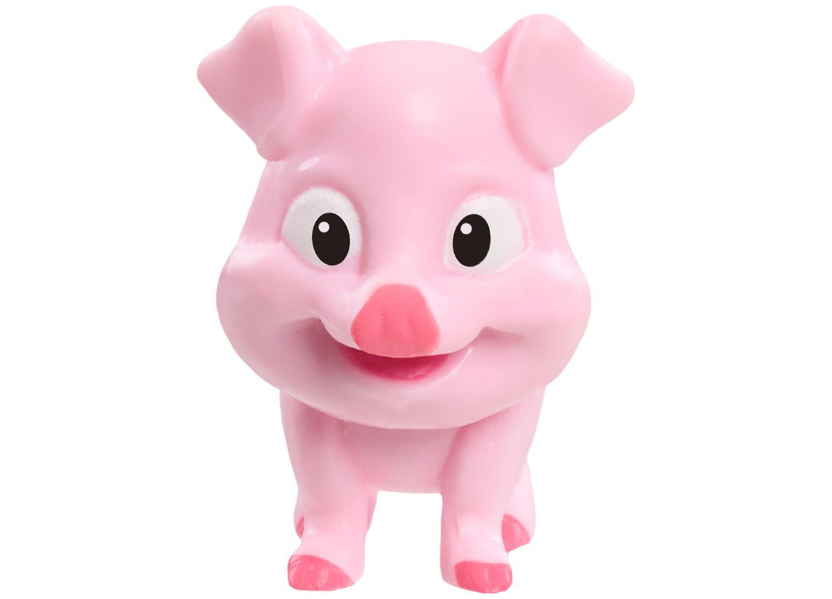 Pink cartoon pig toy with big eyes, red nose, and red hooves standing against white background