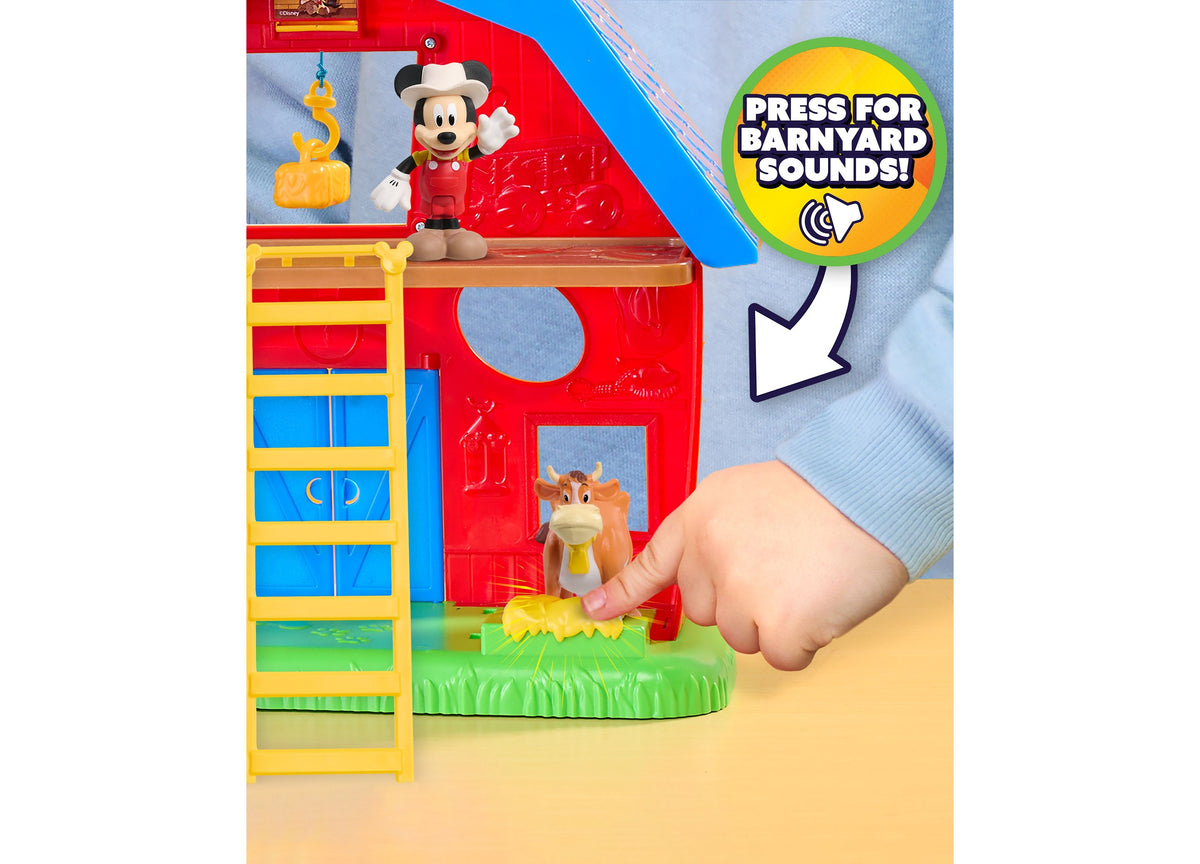Mickey Mouse Barnyard Fun playset with red barn, Mickey figure, farm animal, and interactive hay bale button for sounds