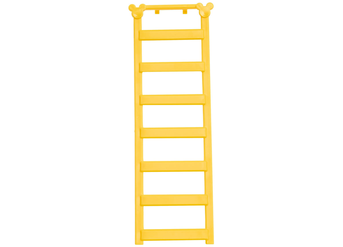 Bright yellow toy ladder with rungs and decorative knobs at the top
