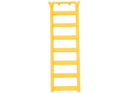 Bright yellow toy ladder with rungs and decorative knobs at the top