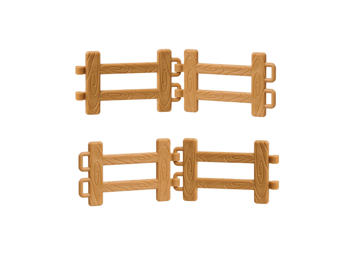Two views of tan barn fence sections with horizontal rails and post details, stacked vertically