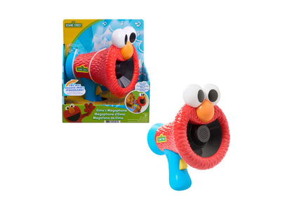 Sesame Street Elmo's Megaphone toy featuring red textured body, white eyes, orange nose, and blue handle with speaker