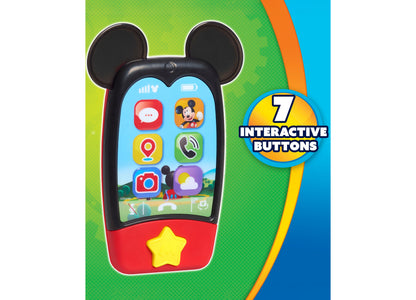 Mickey Mouse Clubhouse light-up interactive mobile phone with black ears, blue screen, red base, and yellow star button