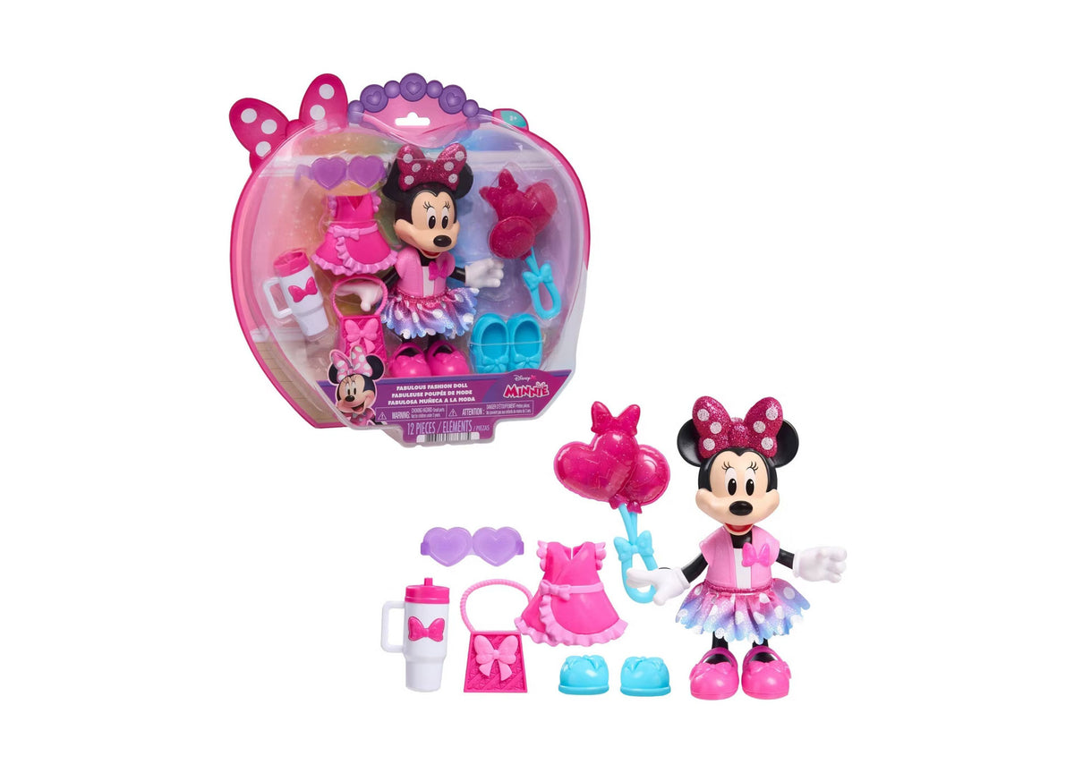 Minnie Mouse 6-inch poseable doll with pink bow, two outfits, shoes, and accessories including sunglasses and handbag