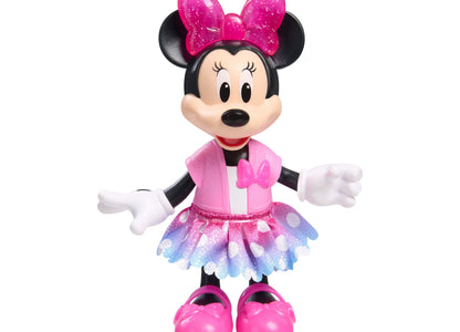 Minnie Mouse 6-inch poseable doll wearing pink jacket and colorful skirt with glittery bow headband and pink shoes