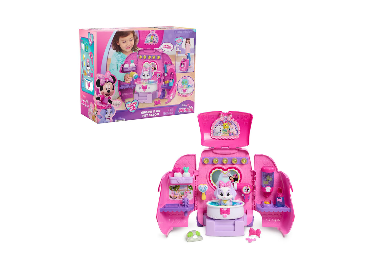 Minnie Mouse Groom & Go Pet Salon playset in pink and purple with bathtub, accessories, and Cream Puff figure