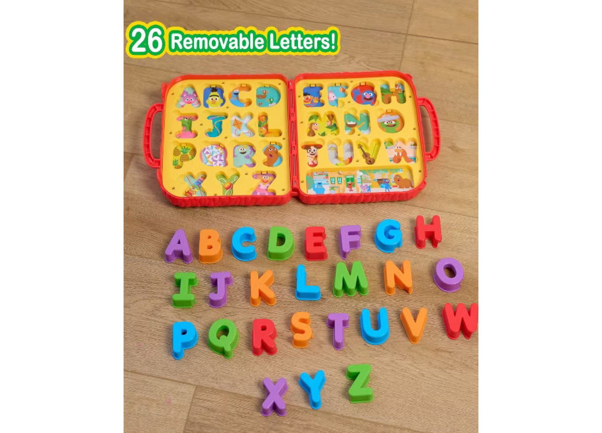 Sesame Street 26-Piece Activity Set with colorful removable letters A-Z and character-themed carrying case