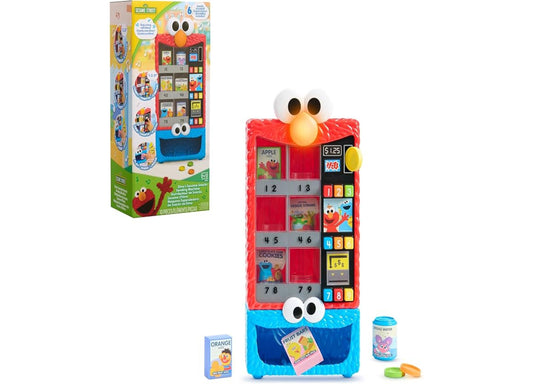 Sesame Street Elmo's Sesame Snacks Interactive Vending Machine Playset with red and blue machine, numbered compartmen...