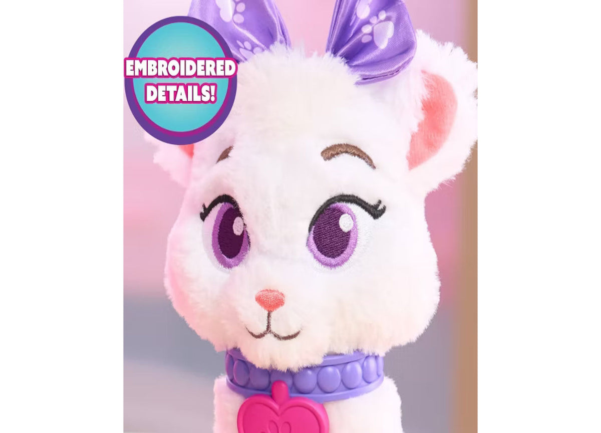 Minnie Mouse Pampered Paws Pet Carrier Playset featuring white kitten with purple eyes, pink ears, purple bow collar,...