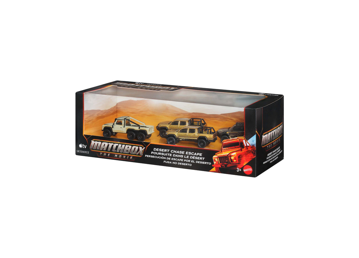 Matchbox The Movie Desert Chase Escape 4-piece die-cast vehicle set with red, white, and tan vehicles displayed in de...
