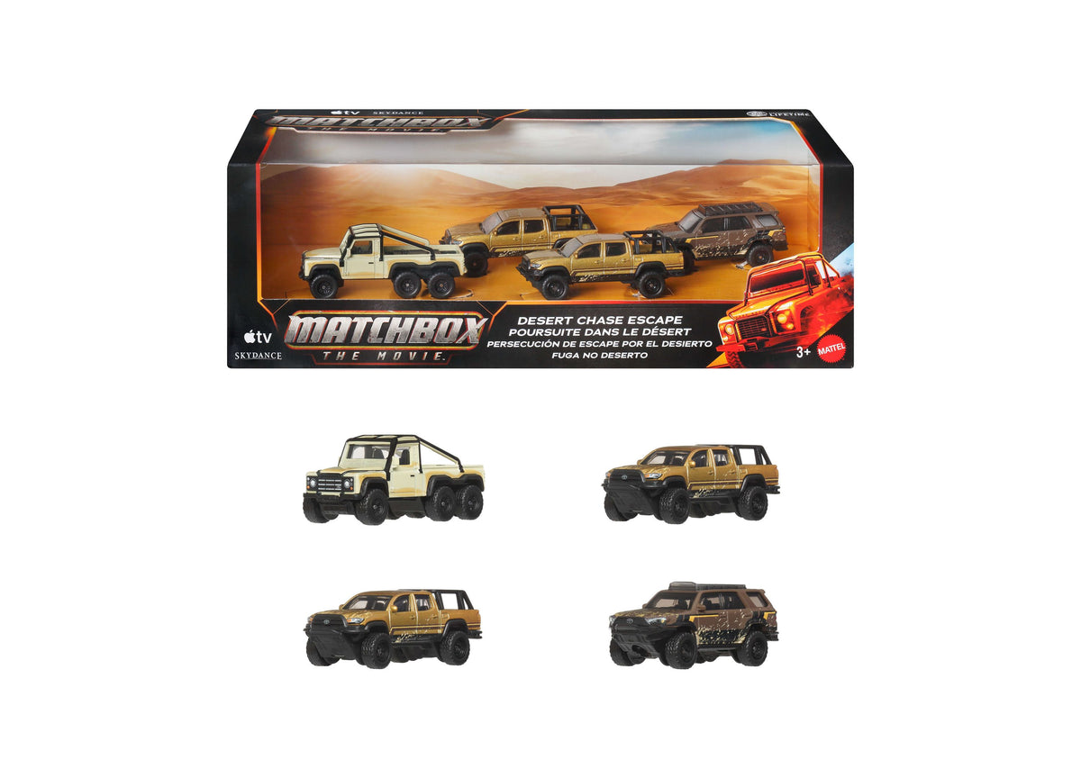 Matchbox The Movie Desert Chase Escape 4-piece die-cast vehicle set with tan and gold vehicles on desert-themed packa...