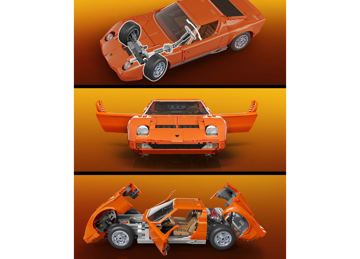 Mattel Brick Shop Lamborghini Miura P400 SV 1523-piece building set shown in orange with opening doors, hood, and pop...
